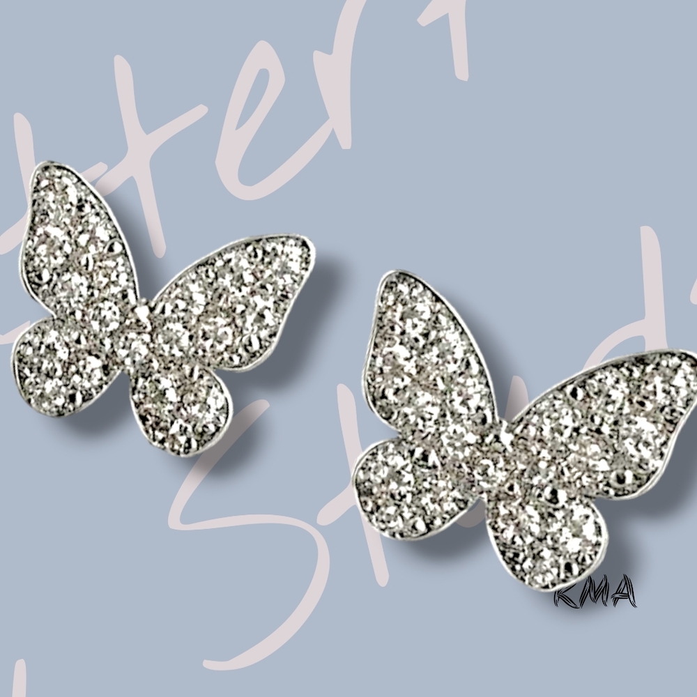 Sparkly Silvertone Rhinestone Butterfly Stud Earrings